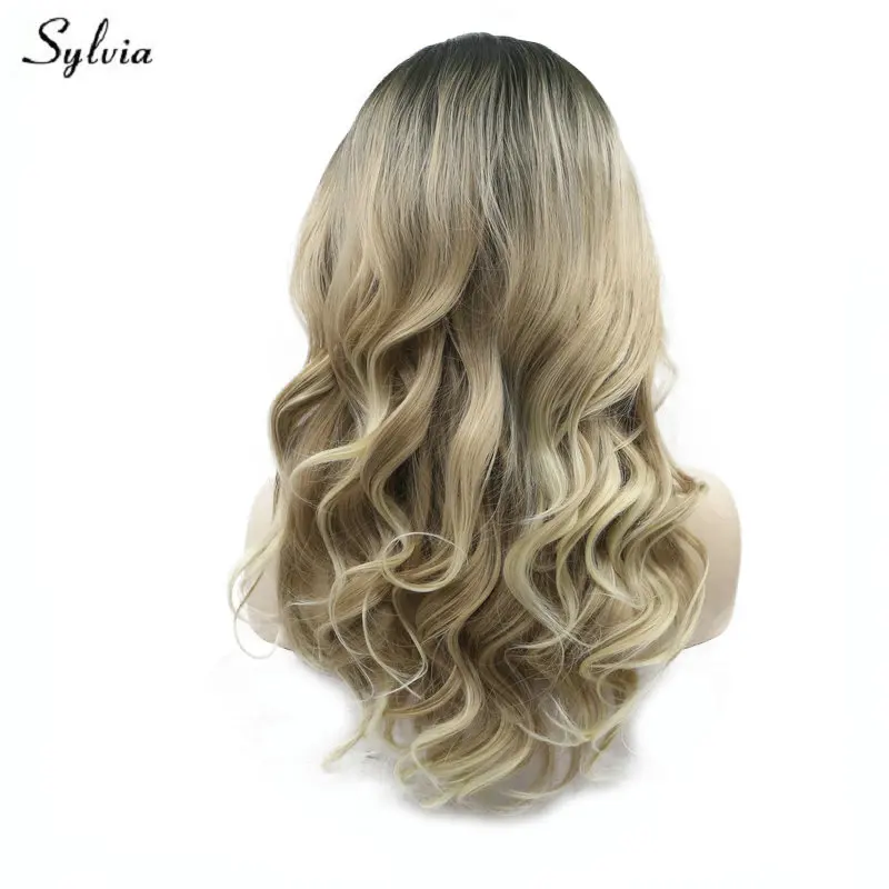 

Sylvia Natural Hairline Blonde Wavy Wig High Temperature Long Synthetic Hair Handmade Lace Front Wigs Dark Brown Roots to Blonde