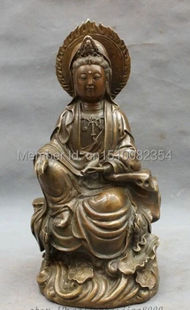 

10" China Bronze Buddhism Lotus Kwan-yin GuanYin Pot Bodhisattva Goddess Statue