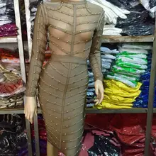 Лидер продаж хаки Длинные рукава шипованных бисера черный Бандажное платье для вечеринок торговля платьями прямые поставки платье+ костюм