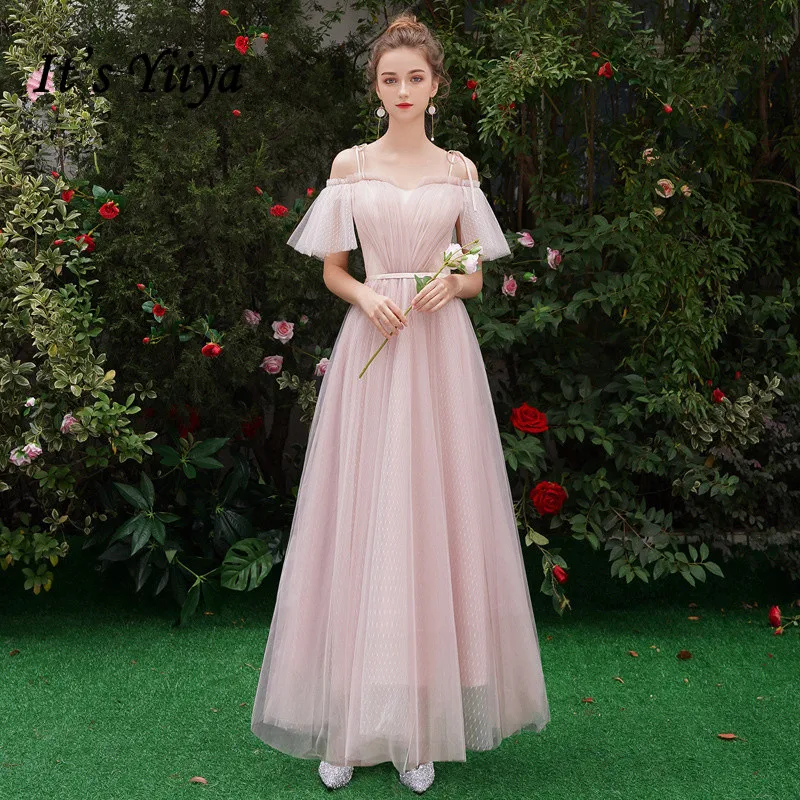 

It's YiiYa Bridesmaid Dress Pink Spaghetti Strap Pleat Long bridesmaid dresses Elegant Boat Neck Lace Up Party Gown E125