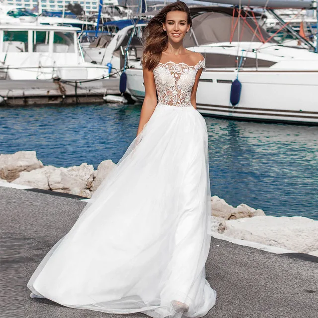 

New Arrival Sheer Scoop Neck Cap Sleeve Illusion Back Lace Applique Chiffon Boho Beach Wedding Dresses Robe De Mariage