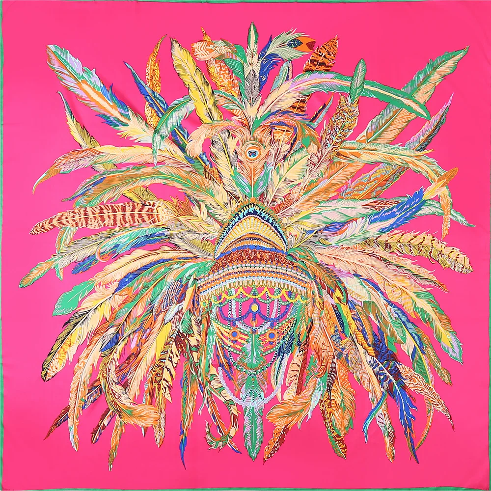 

130X130cm Russian Style spring summer women silk scarf large printing feather 100%twill silk square scarf beach shawl headband