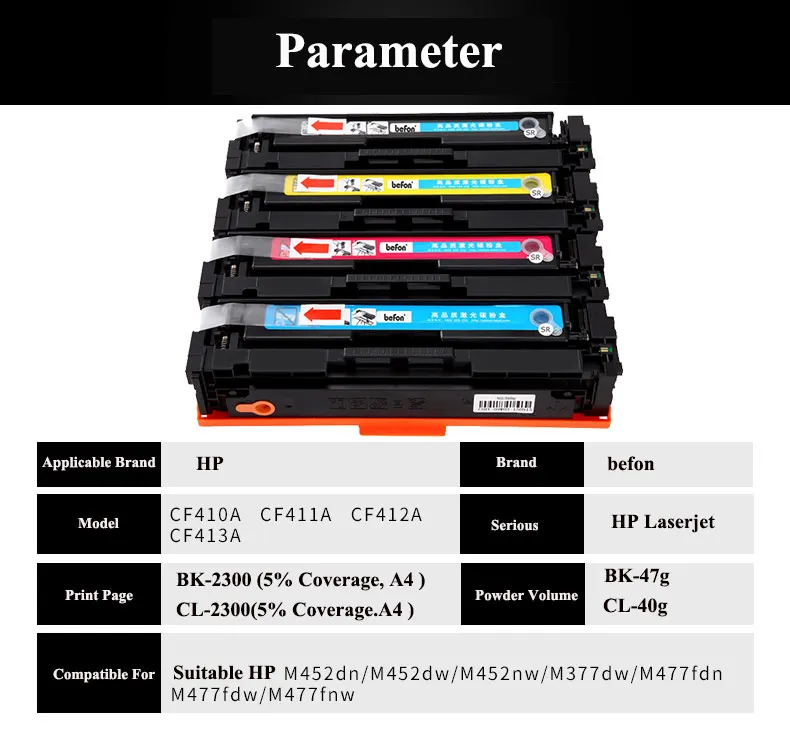 Befon Совместимость CF410A CF411A CF412A CF413A 410A Замена тонер-картридж для hp LaserJet Pro M452nw M477fdw M452dn M452DW