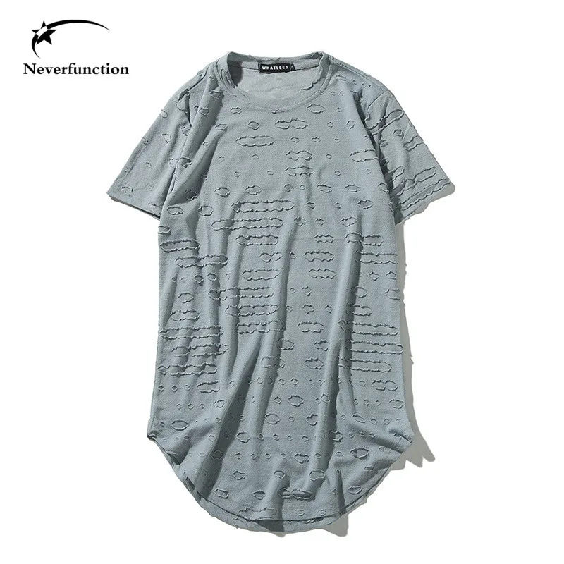 

Summer 2018 Men Short sleeve t shirt Personality Ripped holes curve hem longline Distressed hip hop fashion t shirt streetwear