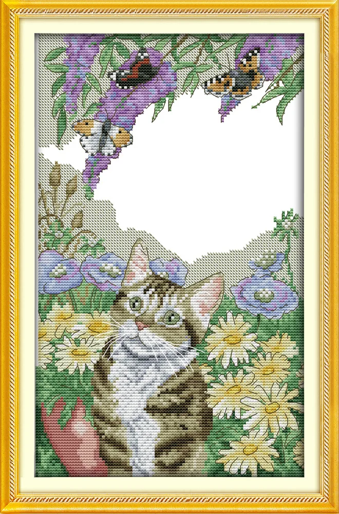 

Joy Sunday The kitten play with the butterfly Counted Chinese Cross Stitch Kits printed Cross-stitch set Embroidery Needlework