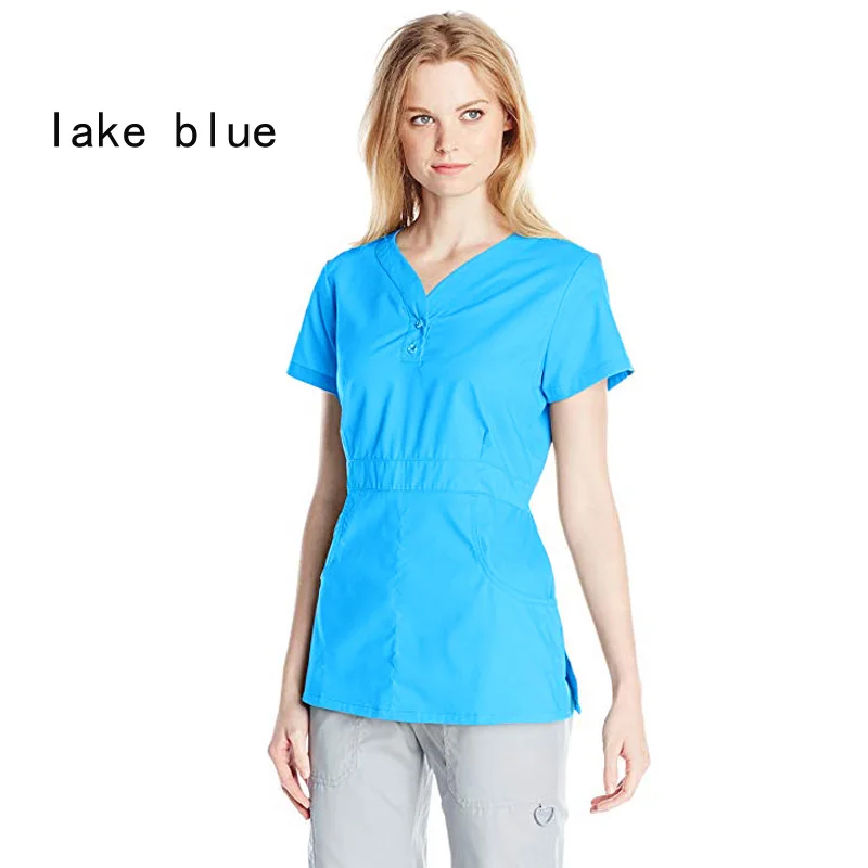 Женская мода, скраб-топ, v-образный вырез, рубашка с двумя пуговицами, чистый хлопок, медицинская форма, эластичная талия, для беременных женщин, рабочая одежда - Цвет: lake blue top