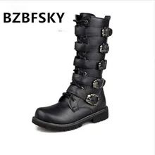 BZBFSKYArmy сапоги мужские высокие военные Полусапоги с металлической пряжкой в стиле панк до середины икры мужские мотоботы на шнуровке мужская обувь рок