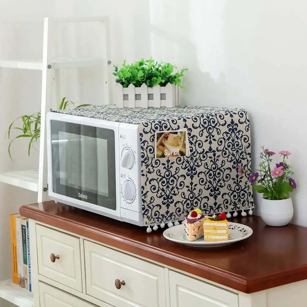 

Microwave Oven Cover Oil Dust Cover with Storage Pocket Linen Multi-function Kitchen Storage Bag Accessories Supplies Home Decor