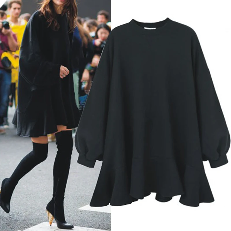 

Black Loose Hoodies Ruffles Irregular Lady Casual Oversized Mini Dress 2018 Winter O Neck Batwing Sleeve Plus Size 4XL Pullover