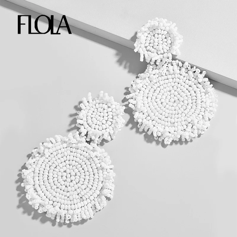 

FLOLA 2019 White Earrings Beads for Woman Ethnic Handmade Earrings Fashion Jewelry Dangle pendientes Za Round Big Earings ersn82