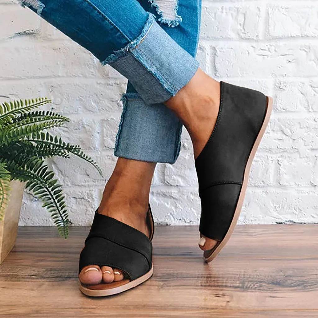 

MUQGEW Women Sandals 2019 Retro Solid Soft Womens Flats Peep Toe Fish Mouth Shoes Ankle Roman Ladies Boots Sandalias Mujer