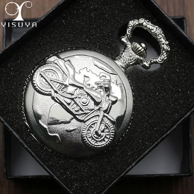 Motorcycle Silver Tone Pocket Watch Round Dial with White Arabic Number Display Motorcycle Silver Tone Pocket Watch Round Dial with White Arabic Number Display