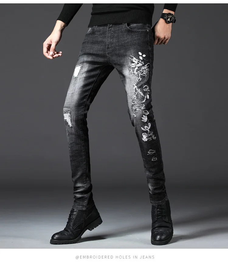 Мужские модные черные рваные джинсы больших размеров masculina dragon вышивка modis рваные джинсы узкие брюки