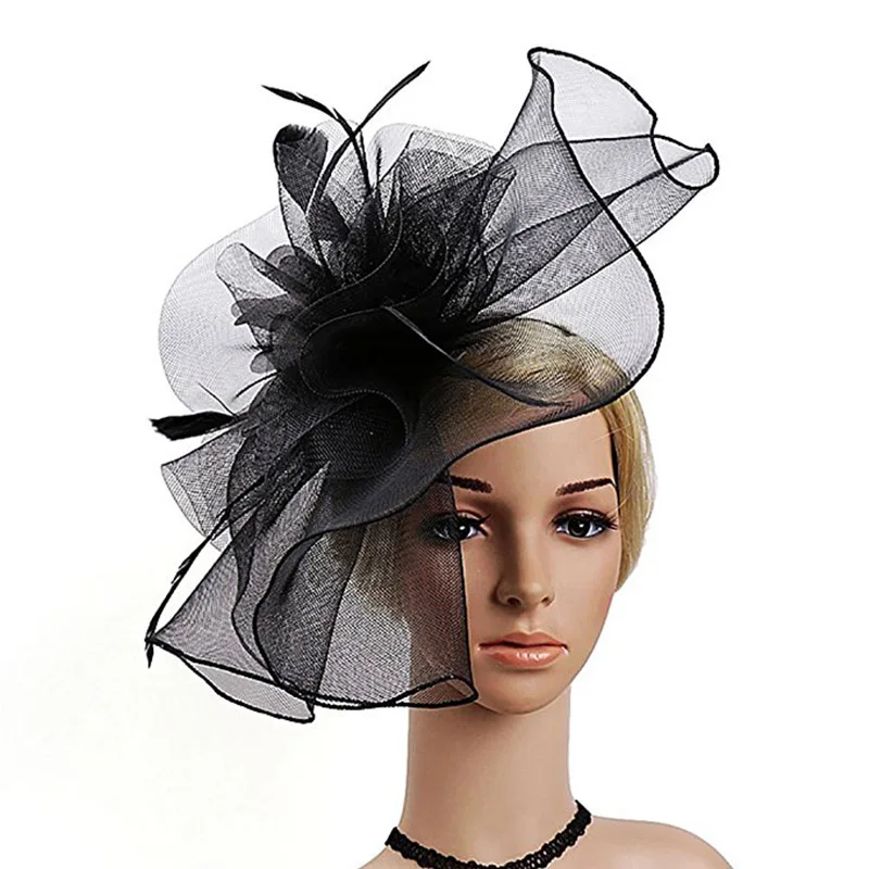 Высокое качество, Женский сетчатый, с перьями, чародейные шляпы, женские, Kenucky Derby, свадебные, Коктейльные, вечерние, элегантные головные уборы, повязка на голову - Цвет: Черный