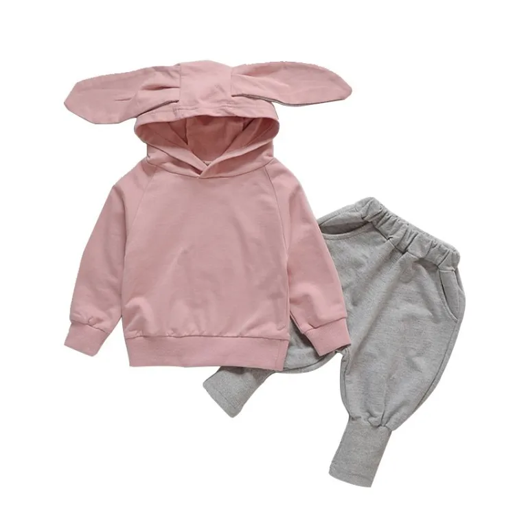

New Autumn Cute Rabbit Ears Children Clothing Sets,fashion Hooded Sweater+pants 2pcs Kids Streetwear Pink Outdoor Baby Clothes