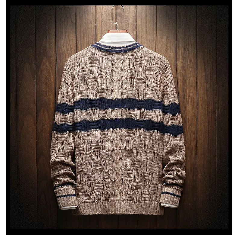 Новый Для мужчин s модные свитера в полоску Для мужчин Slim fit платье-пуловер на осень-зиму Повседневное вязаный хлопковый свитер Для мужчин