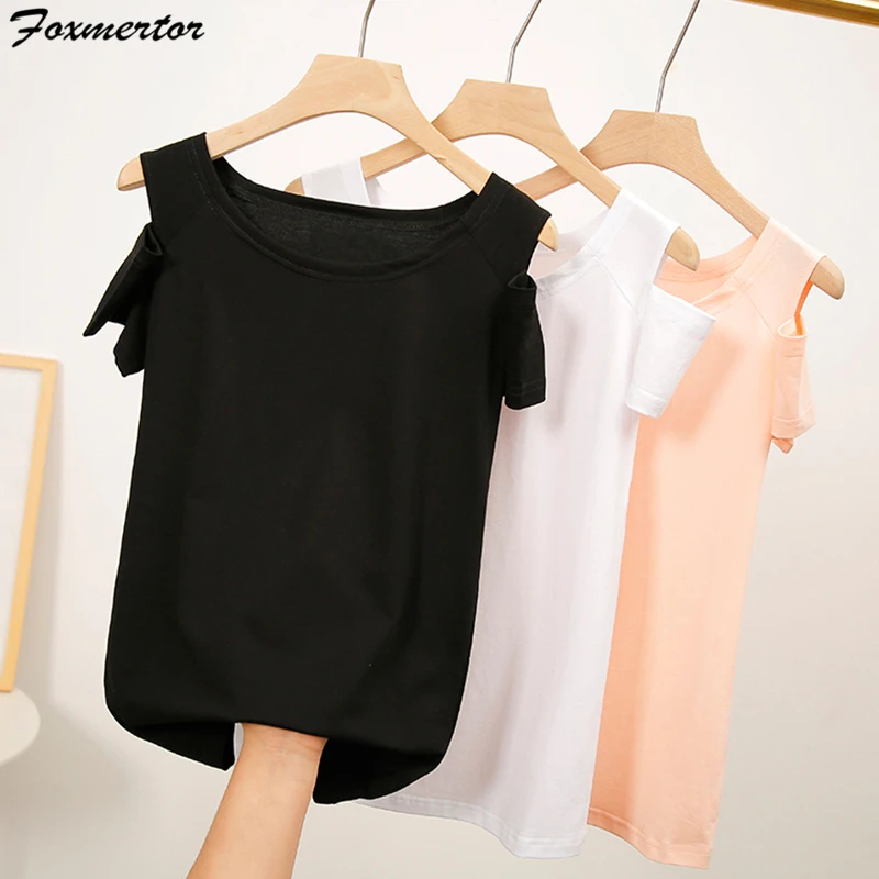 

2019 New Solid T Shirt Women Cold Shoulder Summer Korean Style O-neck Tops Tee Ladies Slim Sexy Off The Shoulder Casual Female