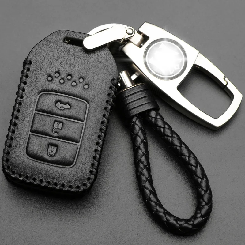 

Leather Car Key Case Cover Holder protect+Keychain for Honda remote key fob 2016 2017 CRV Pilot Accord Civic Fit Freed 3 buttons