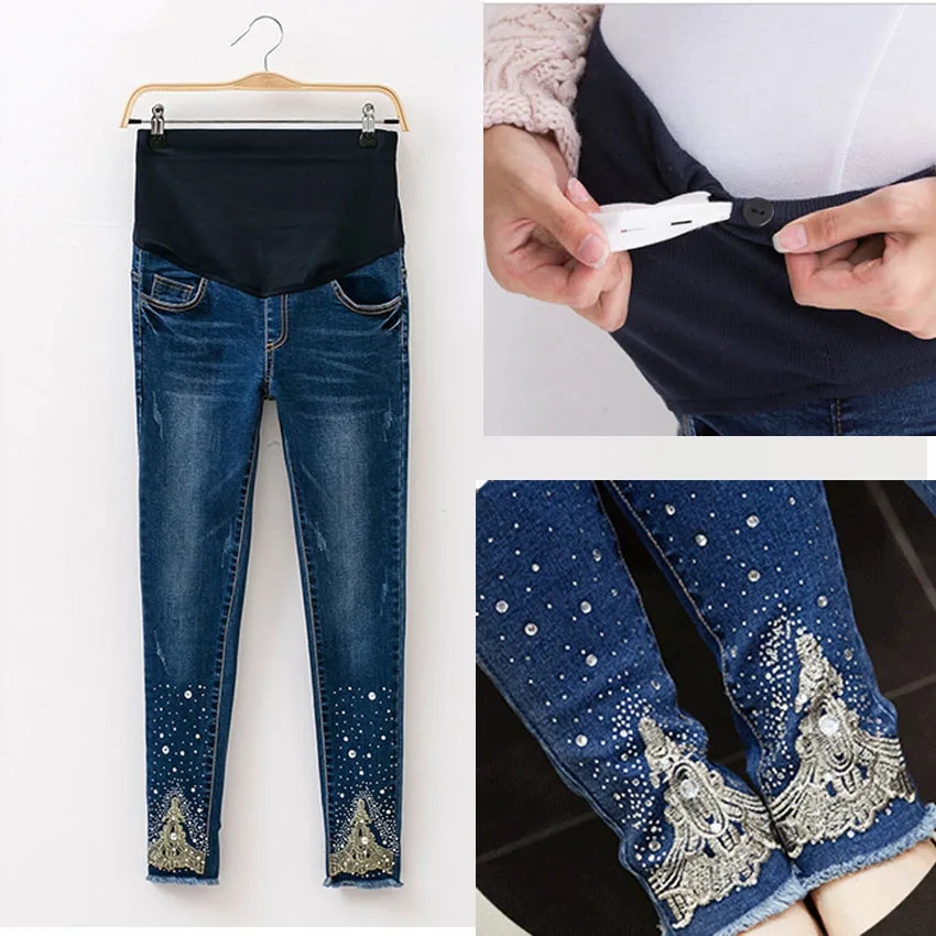 Elastic Waist Hole Stretch Denim Maternity Belly Jeans