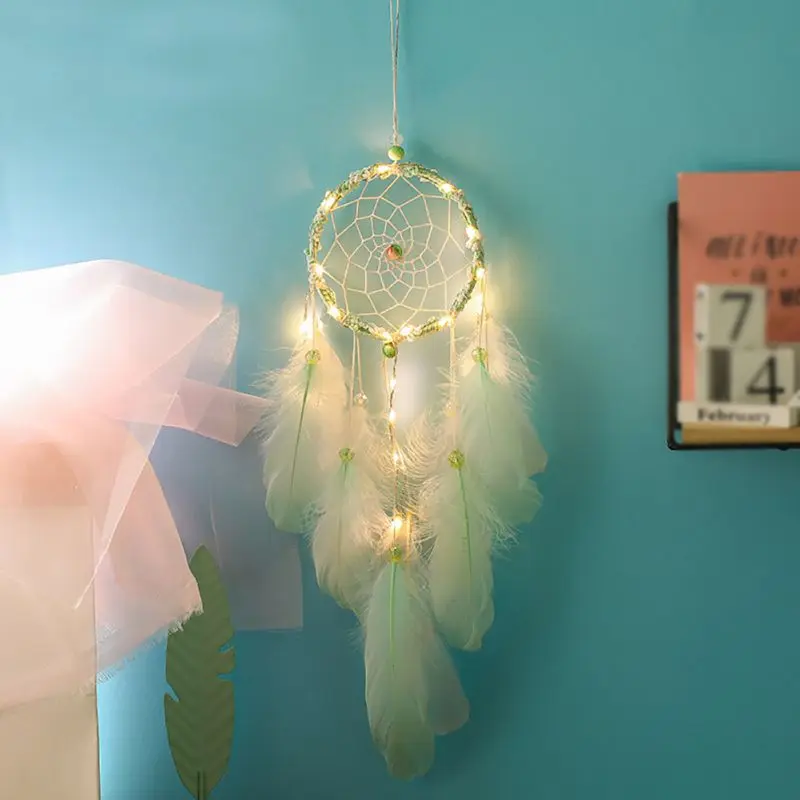 2 м 20LED освещения Девушка номер Белл перо бусы Спальня Романтический Dream Catcher настенный Декор для дома