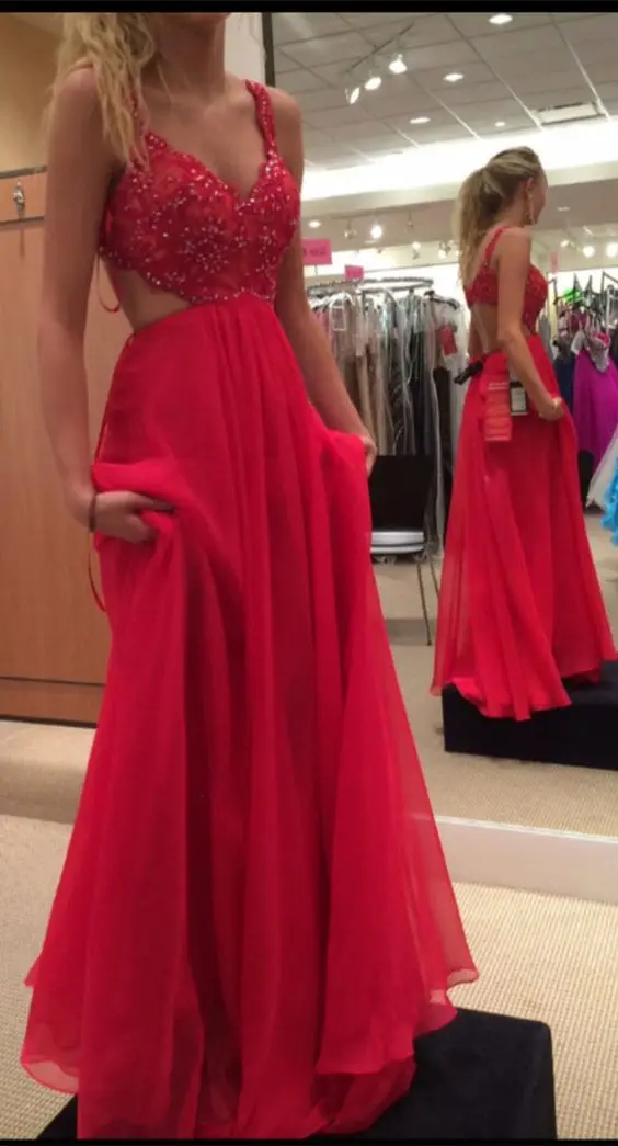 

2016 long Chiffon Prom Dresses Sexy red Spaghetti Strap Sweetheart bodice with beaded adorned and soft Chiffon skirt Prom Dress