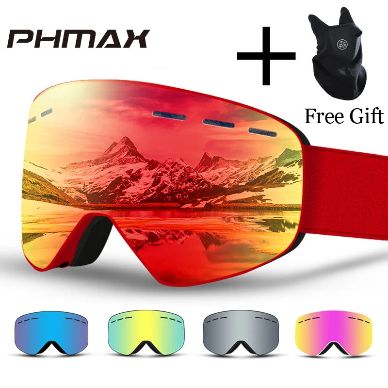 PHMAX Brand 6 Colors Ski Goggles Double Layers UV400 Anti fog Big Ski Mask Glasses Skiing Men