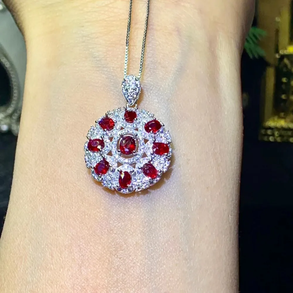 Naturel rouge rubis pendentif colliers naturel pierre gemme pendentif S925 argent élégant rond cirq