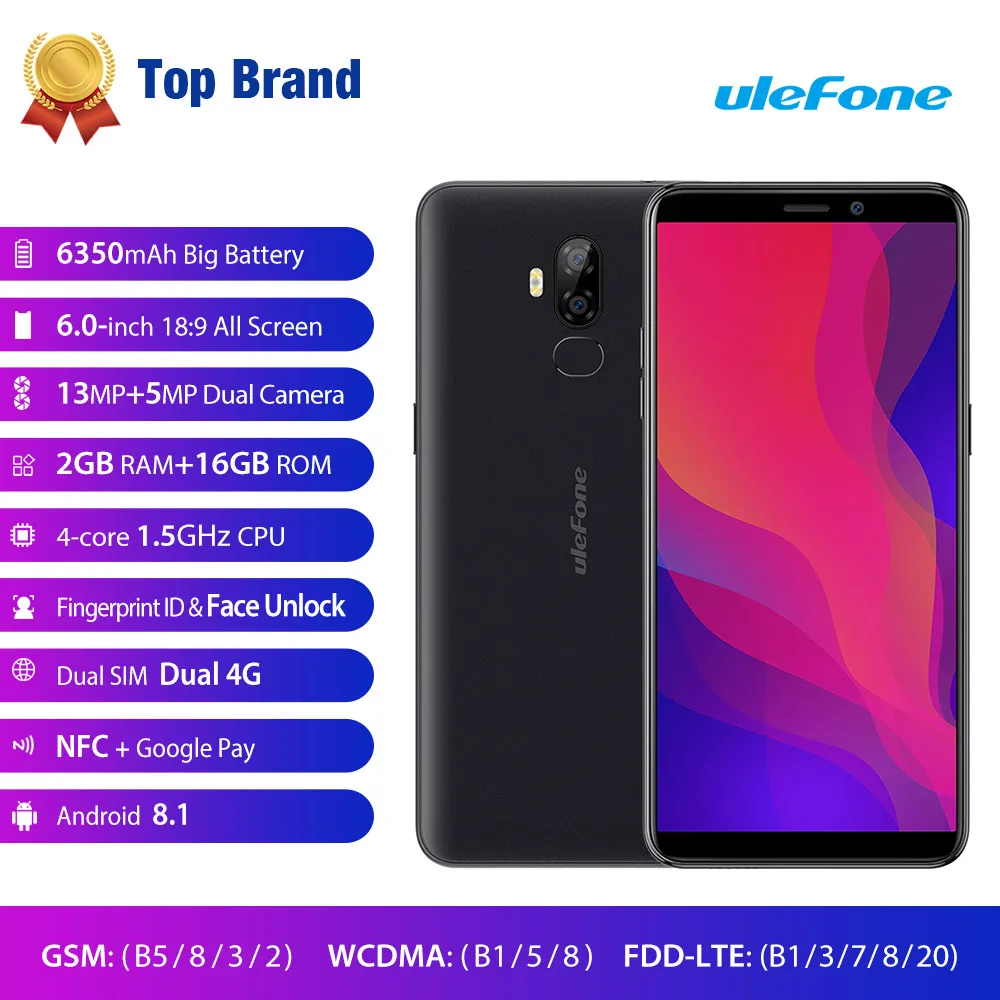 Ulefone power 3L 6," 18:9 HD смартфон 6350 мАч MT6739 Ouad Core 2 Гб 16 Гб Face ID Android 8,1 NFC 4G 13 МП мобильный телефон