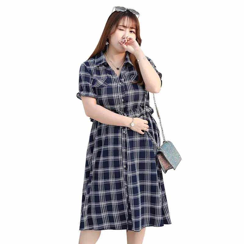 

2019 Fashion Summer Women Plus size Short sleeve Dresses Plaid Print Female Button Belt Slim Chiffon Maxi Dresses Vestidos G200