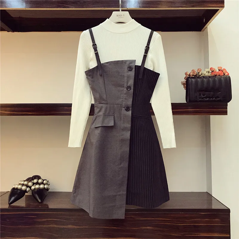 

2019 New Fashion Autumn Women's Long Sleeve White Knit Tops + Suspender Striped Patchwork Dress Ladies 2 Pieces Set