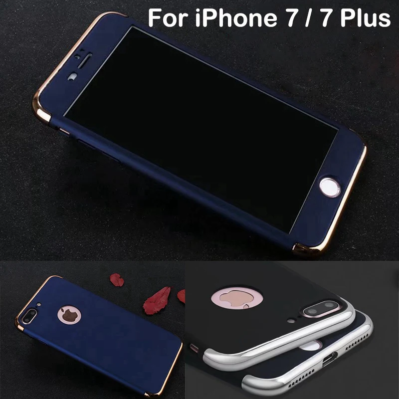 4 in 1 For iPhone 7 Case 360 Full Body Protection Cover And Tempered Glass Hard Plastic Back Cover For iPhone 7 Plus Case Luxury