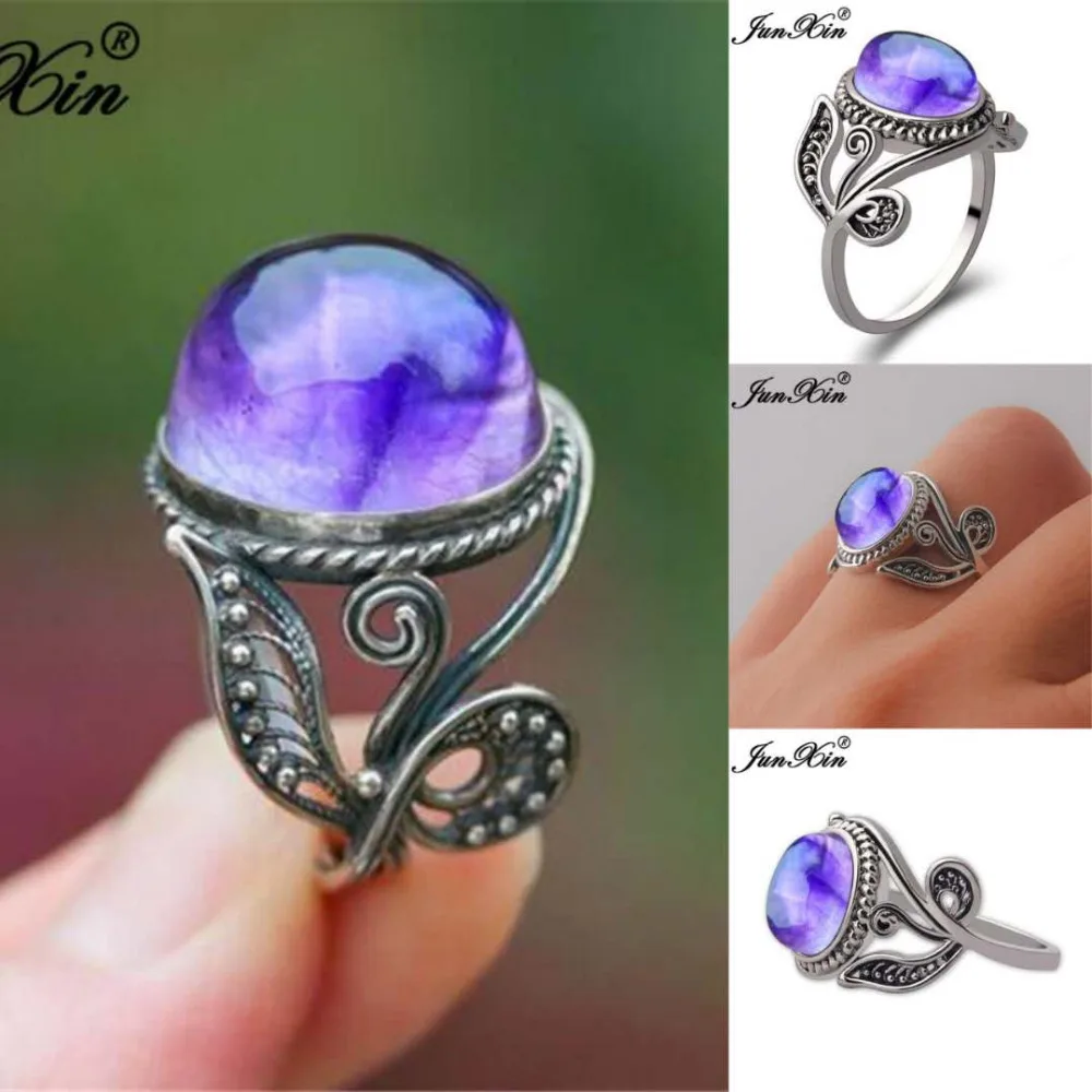 JUNXIN Female Rainbow Purple Moonstone Rings For Women Antique 925 Silver Filled Round Opal Stone Wedding Ring Female Jewelry