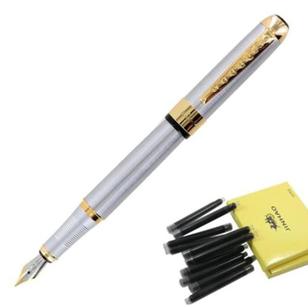 Перьевая ручка с золотой отделкой из нержавеющей стали+ черная заправка чернил 10 шт
