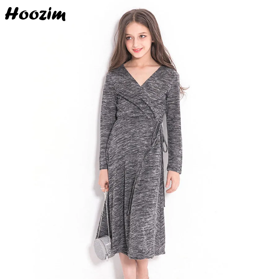 

2018 Autumn Cotton long Sleeve Dress Girls 9 10 11 12 13 Years European Gray Pageant Party Dresses kids Children Girls Clothing