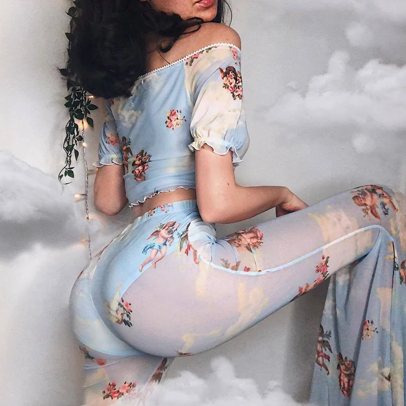 

2019 New Summer 2 Piece Sets Women Sexy Mesh See Through Cupid Print Ruffles Crop Tops And Casual Wide Leg Flare Pants