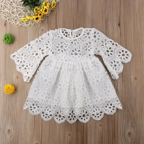 

Princess baby girl clothes lace hollow out long sleeve dress white color a-lined dress