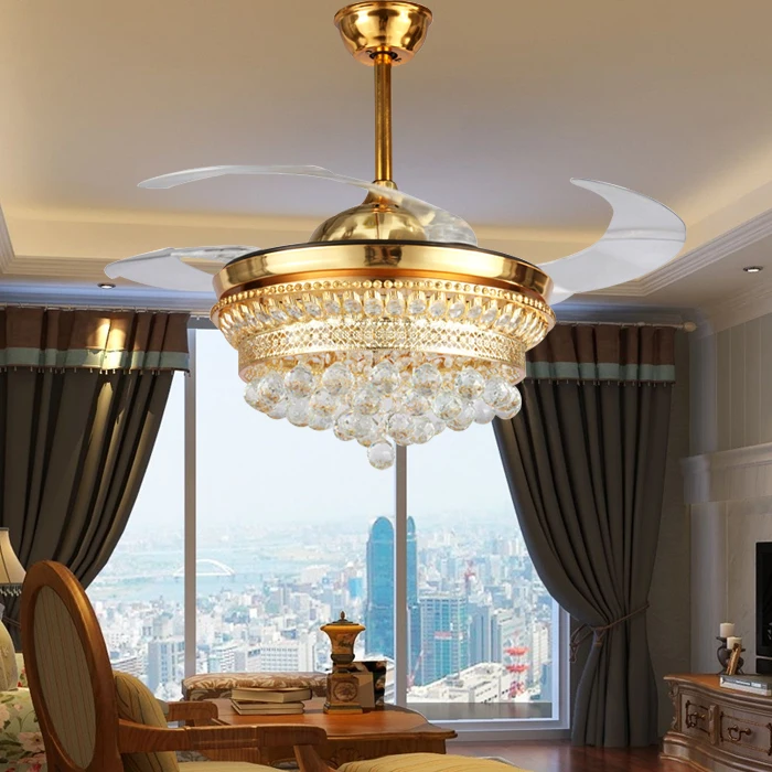 

52 Inch Modern Led Ceiling Light Fans Crystal Folding Ceiling Fans With Lights Remote Control Bedroom Decoration Home Fan Lamp