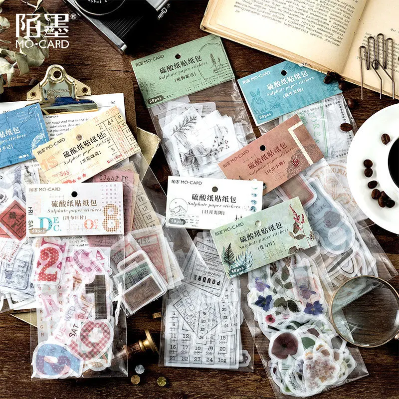 

50pc/pack Vintage Plant Calendar Bill Daily Payment Retro Coffee Receipt Journey Diary Deco Translucent Sticker DIY Scrapbooking