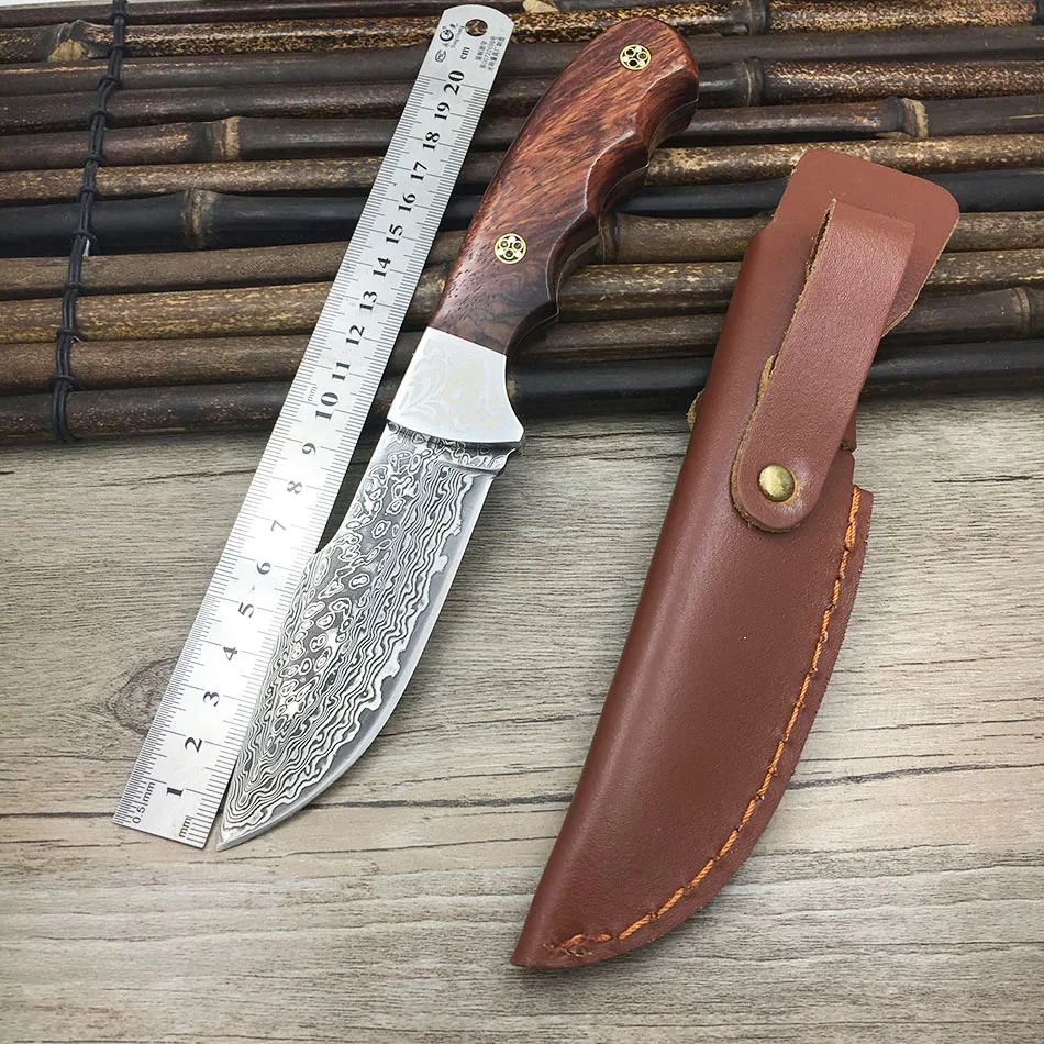 Online Cuchillo de caza de acero de Damasco real hecho a mano 58 VC Damasco acero camping cuchillo fijo ébano mango con Funda de cuero