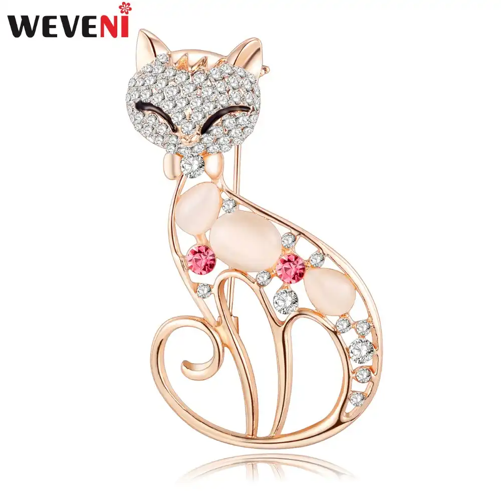 WEVENI Rhinestone Opal Cat Broche de Gatinho Para As Mulheres Natal Jóias Broches Pinos Cachecol Gola Decoração Nova Moda Aniaml