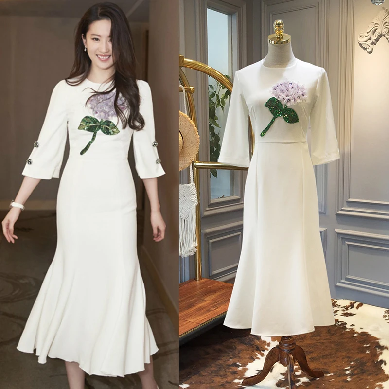 

European American Summer Women Celebrity Style White Mermaid Dress Flare Sleeve 3D Flower Appliques Bodycon Runway Dresses