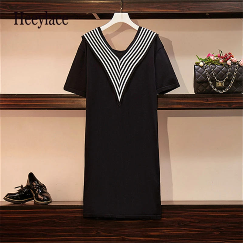 

High Quality Plus Size Knitted Sweater Dress Women 2019 Summer Stripe Splicing Solid Office Knitwear Oversized Women Vintage 5XL