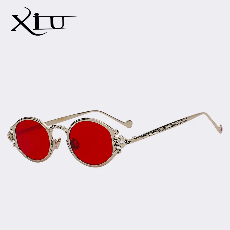 XIU стимпанк Солнцезащитные очки женские роскошные брендовые дизайнерские солнцезащитные очки мужские металлические круглые солнцезащитные очки винтажные очки UV400 - Цвет линз: Gold w sea red