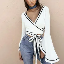 Putih wrap blouse Sexy v neck bell lengan palang perban crop tops Wanita musim panas 2018 dasi pinggang pendek blusa