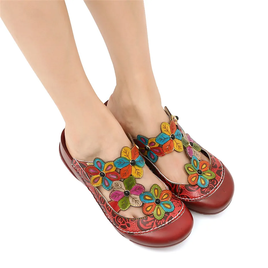 Vintage Printed Round Toe Slippers Women Shoes Genuine Leather Summer Bohemian Beach Lady Slides Flower Casual Shoe Woman Sandal (6)
