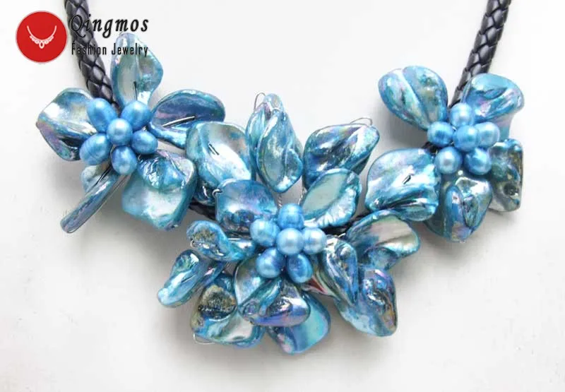 Qingmos Trendy Shell Flower Pendant Necklace for Women with 3 PCS Bright Blue Shell & Pearl Necklace Jewelry Chokers 18'' N6362