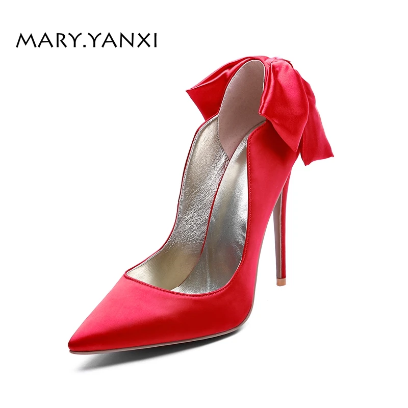 Sur pourpre Satin Pointu rouge Bout Chaussures automne noeud Dame Parti Talons Pompes bleu Haute Mode Printemps Papillon Peu Glissement Mince Profonde Femmes Noir Stilettos XaxwAqg77B