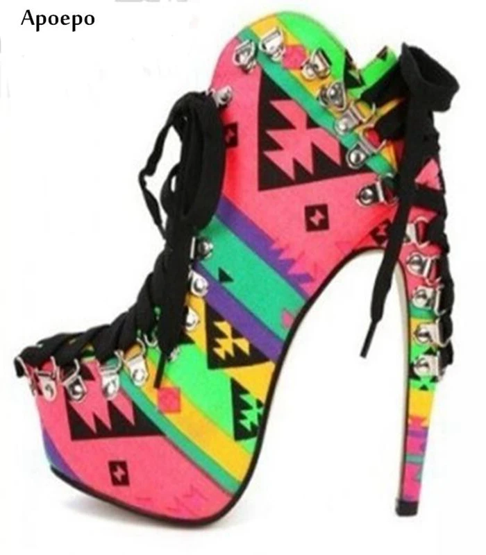 

New Newest Printed Leather High Heel Boots 2018 Sexy Pointed Toe Lace-up Platform Ankle Boots Punk Style Rivets Studded Boot