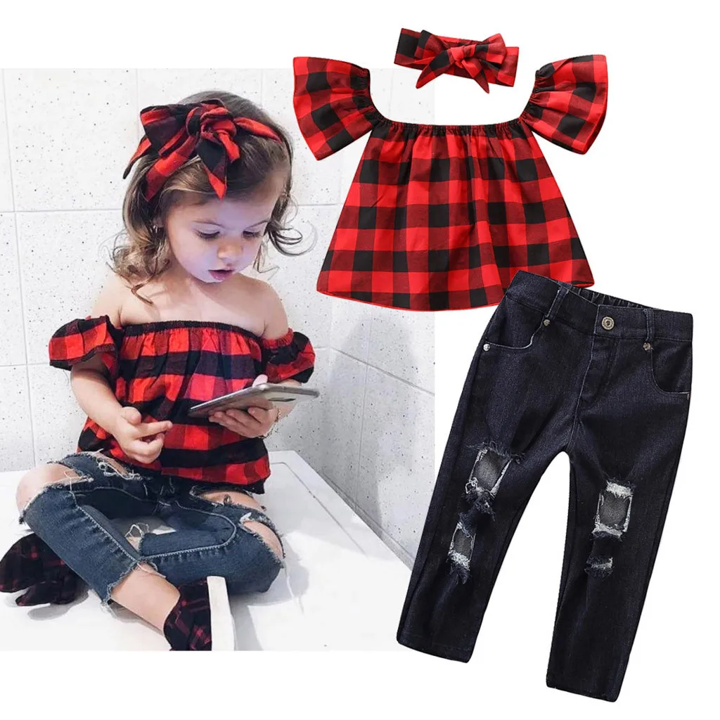 

Toddler Kids Baby Girls Outfits Clothes Plaid Off Shoulder Tops+Denim Pants Set 2019 NEW Drop Shipping