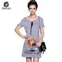 size-5XL Youthful Violin Girl Embroidery Dress V-neck Ribbon Bow Collar Short Sleeve Blue White Striped Dress 5208